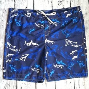 All Over Shark Print Blue Lined Board Shorts Swim Trunks Mens Size 2XL